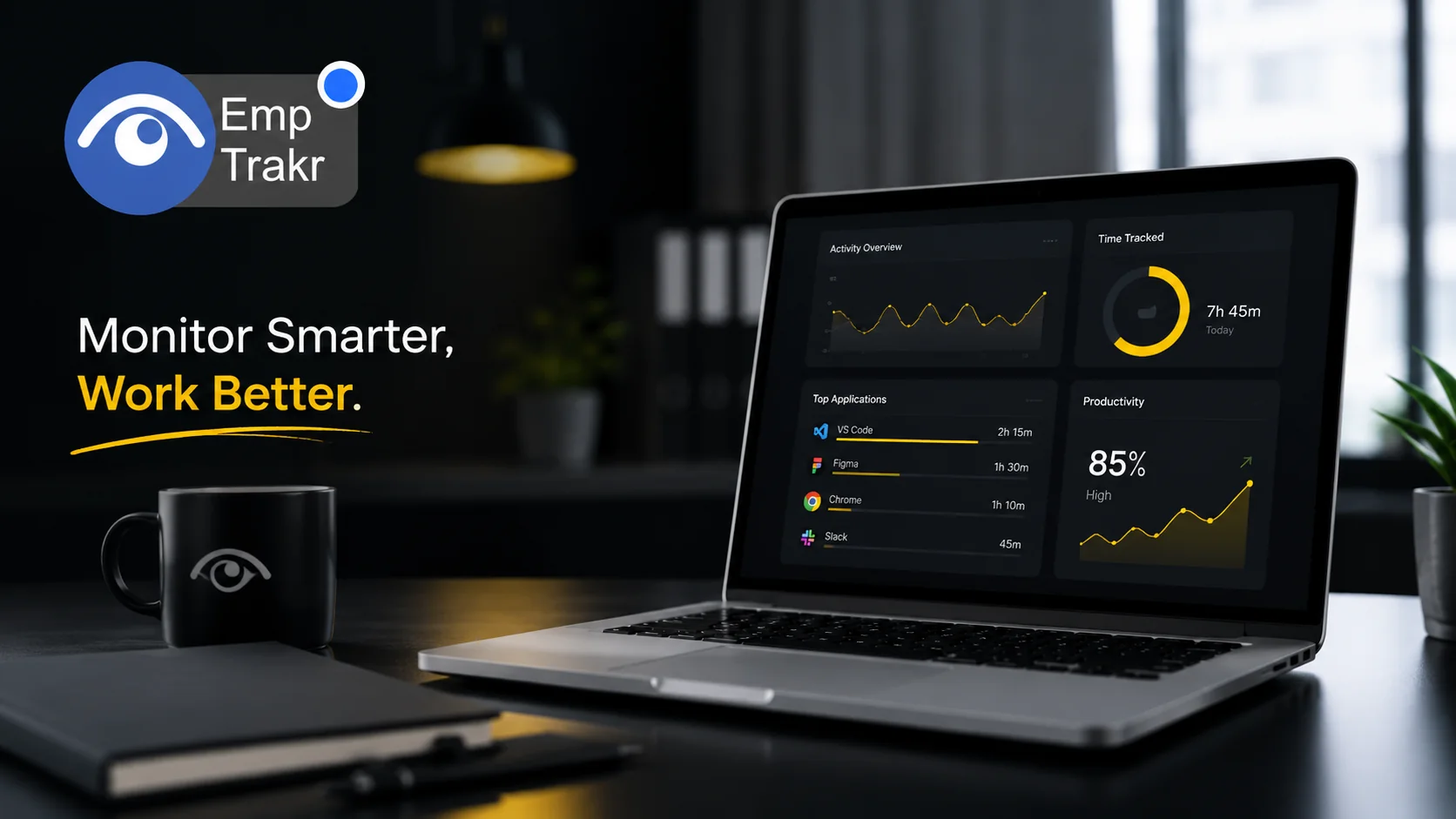 hero: Manager reviewing a free employee monitoring software dashboard on a Windows laptop showing working hours and app activity for a small team.