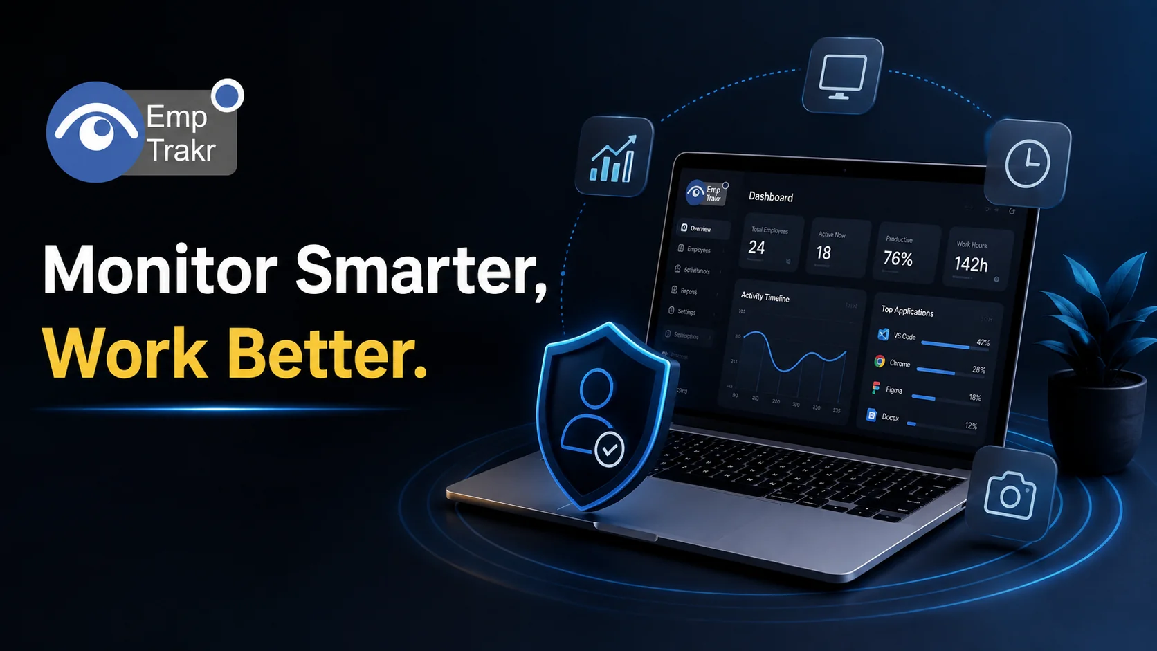 hero: Manager reviewing free employee computer activity monitoring dashboard showing app usage and time tracking for a remote team