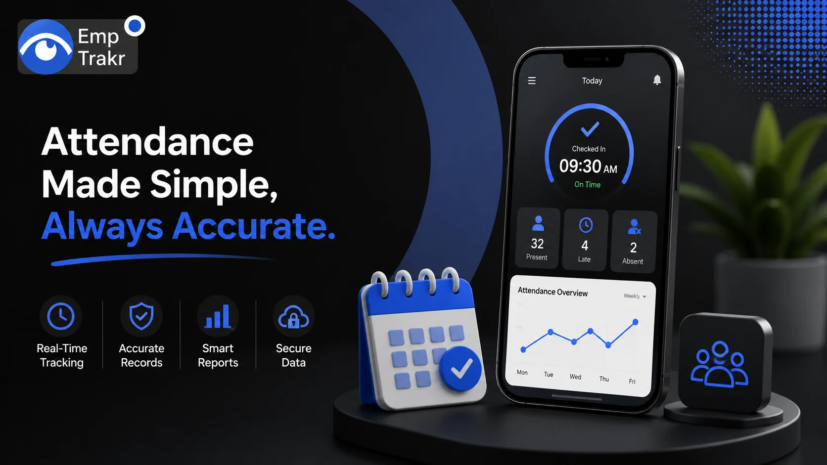 hero: Manager reviewing a free employee attendance app dashboard showing clock-in times and hours on a laptop and phone